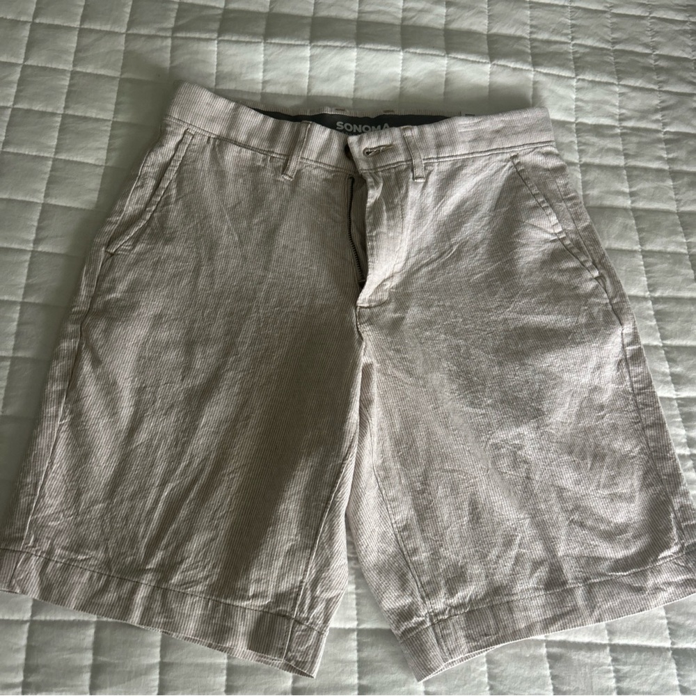 NWT Sonoma Goods for Life 9" Flexwear Flat Front Shorts Linen/Cotton Stripe 29